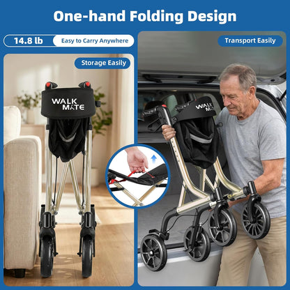 WALK MATE Rollator Lichtgewicht opvouwbare met zitting - Aluminium rollator smal voor woning, hoogteverstelbaar met duwknop, bekerhouder, loophulp voor ouderen (6,7 kg) (Goud)
