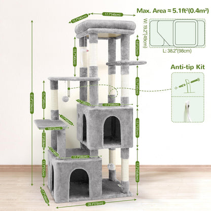 Kattenboom – Krabpaal – Kattentoren – Speelboom – Krabtoren – Lichtgrijs – Grote Basis 72x45 cm – 2 Luxe Kattenholen 45x40x35 cm