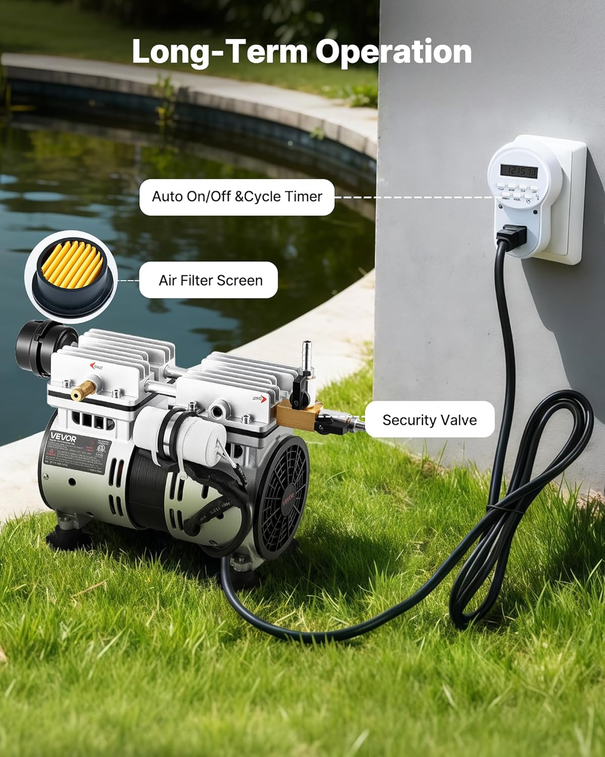 VEVOR Vijverbeluchter 590 W ventilatiesysteem meer 1,2 hectare luchtpomp vijver buiten voor diepe waterzuurstofcirculatie, met luchtcompressor, 2 diffusers, 2 verzwaarde slangen 30,5 m