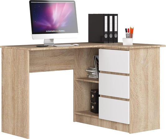 AKORD Corner Desk B-16 with 3 Drawers and 2 Shelves, Corner Desk for Home Office, L124 x H77 x D85, 48 kg, Sonoma Oak and White Front - QUORE
