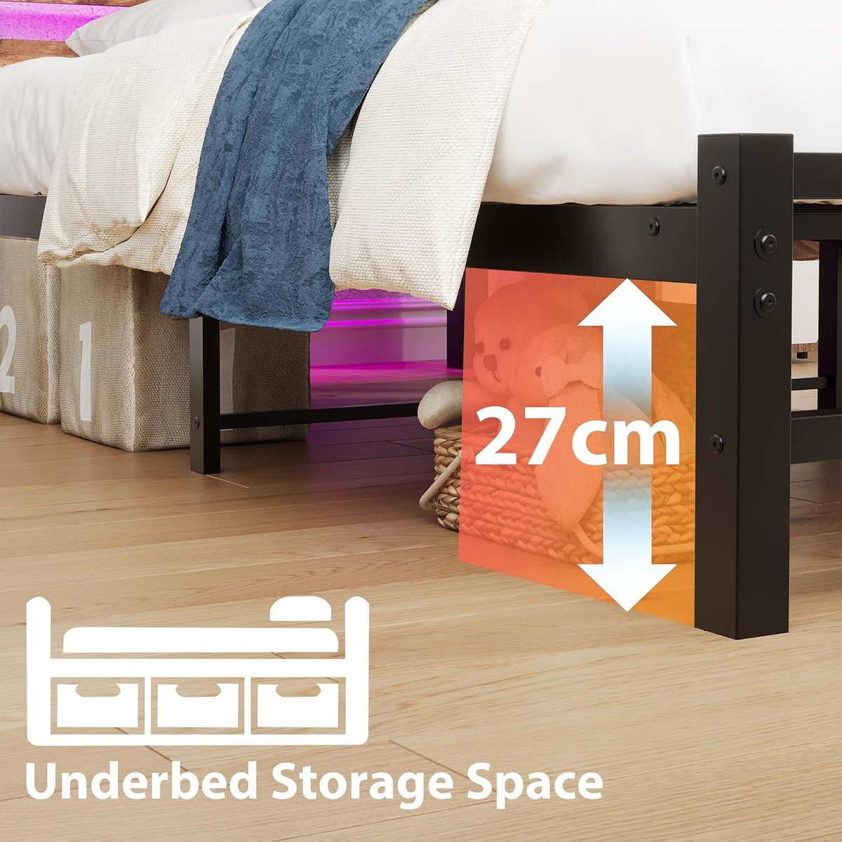 HOMERECOMMEND 3ft eenpersoonsbedframe met USB-laadstation, LED-bedframe met houten opberghoofdeinde, metalen platformbedframe enkele maat, geen boxspring nodig, ondersteuning voor sterke latten