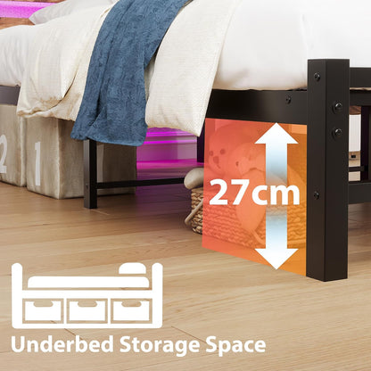 HOMERECOMMEND 3ft eenpersoonsbedframe met USB-laadstation, LED-bedframe met houten opberghoofdeinde, metalen platformbedframe enkele maat, geen boxspring nodig, ondersteuning voor sterke latten