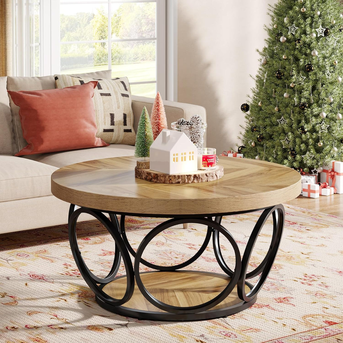 Tribesigns Round Coffee Table 80cm, Large Round Wooden Coffee Table with 2 Levels, Farm Style Living Room Table with Storage Space, Modern Industrial Tea Table in Brown Wood Grain