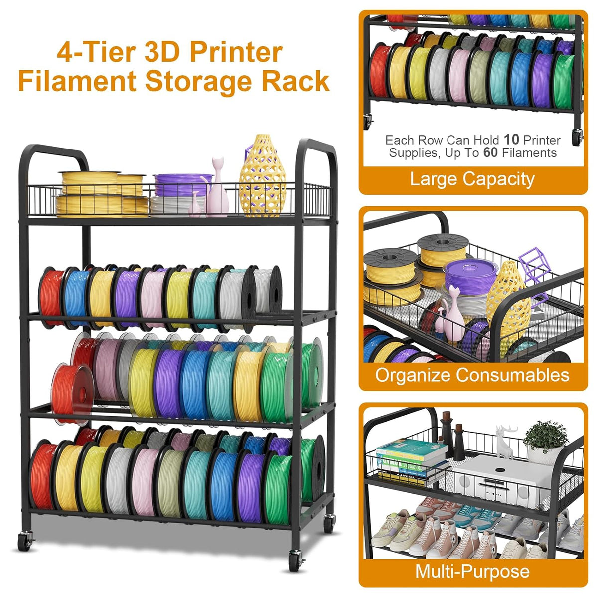 3D-printer filament opbergrek, 4-laags filamentspoelhouder, metalen filamentorganizer met wielen voor PLA/ABS/TPU/PETG/nylon, zware opbergplanken voor 3D-printen, studio, kantoor, werkplaats