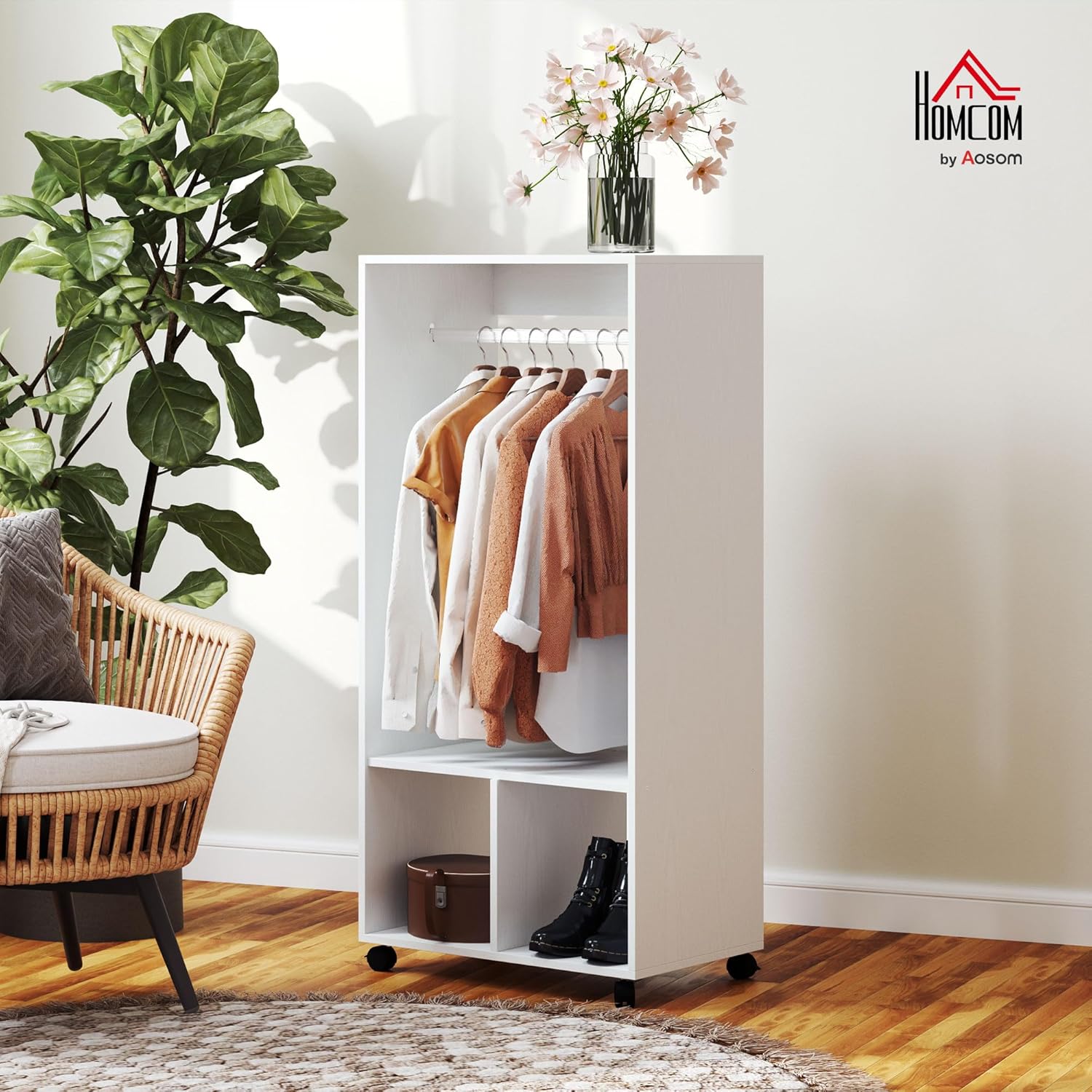 HOMCOM Mobile Wardrobe Wardrobe with Shelf 4 Casters for Living Room Bedroom, Aluminum Alloys, 60 x 40 x 128 cm, White - QUORE