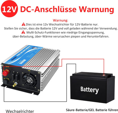 600 W omvormer, zuivere sinus, spanningsomvormer, 12 V naar 230 V, power inverter met afstandsbediening en USB-aansluiting voor laptop, camera, smartphone, GIANDEL zilver
