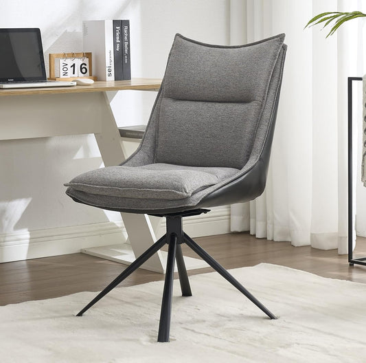 Bureaustoel – Office Chair – Werkstoel – Studiebureaustoel – Stoel Zonder Wieltjes – Grijs Linnen – 360° Draaibaar – Ergonomisch Met Dubbel Kussen