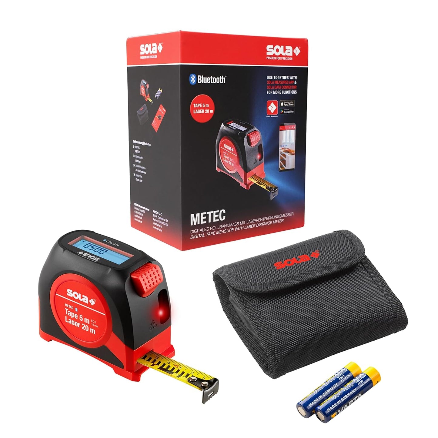 SOLA Metec – 2 in 1: digitaal meetlint (5 m) en afstandsmeter (20 m) – rolbandmaat digitaal met lcd-display en 7 meetfuncties – overdracht van de meetwaarden naar smartphone-app