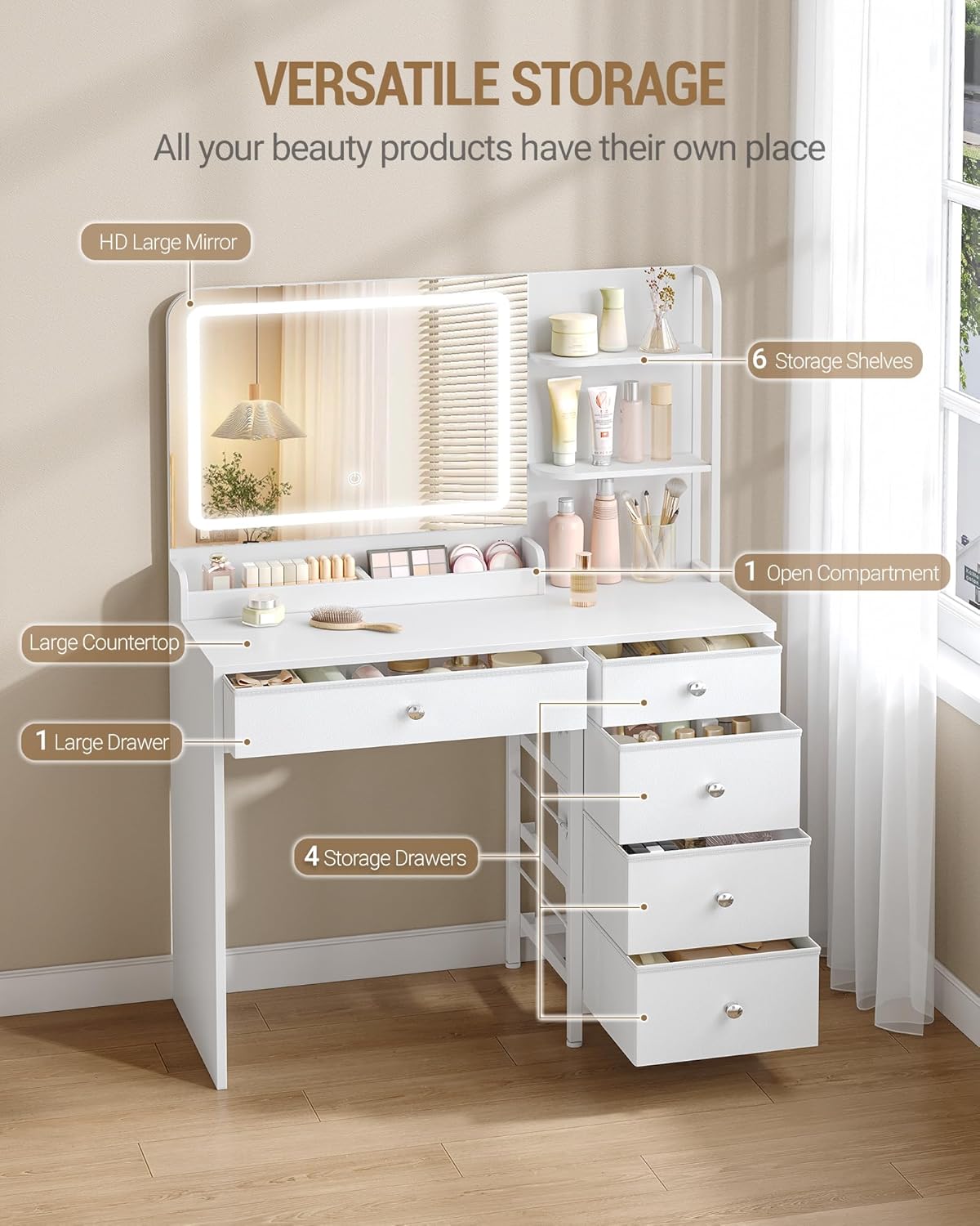 Hzuaneri Dressing Table with LED Lighting, Dressing Table A Large HD Mirror, 5 Drawers and 2 Storage Shelves, Ideal For A Bedroom Or Dressing Room, Modern White DT43903XEU