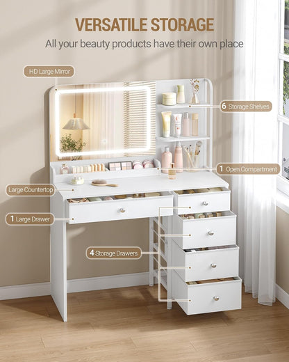 Hzuaneri Dressing Table with LED Lighting, Dressing Table A Large HD Mirror, 5 Drawers and 2 Storage Shelves, Ideal For A Bedroom Or Dressing Room, Modern White DT43903XEU