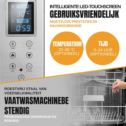 Voedseldroger van roestvrij staal, 6 tablets, 500 W, led-display, 30-90 °C, 24-uurs timer, stille werking, inclusief lekbak en droogmat voor fruit en vlees