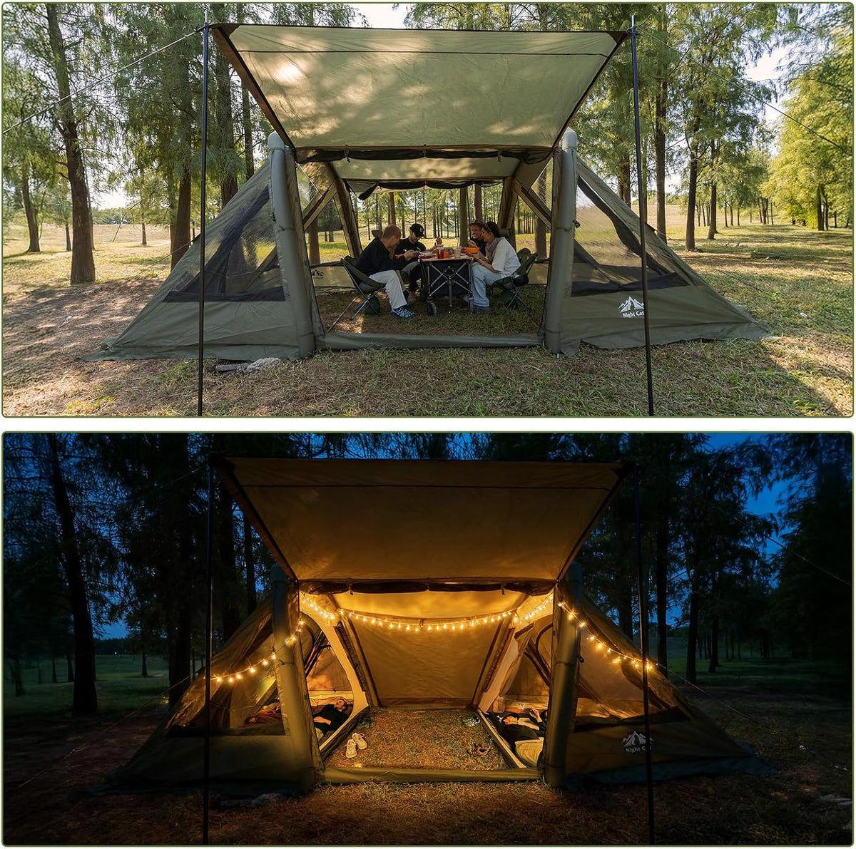 Night Cat Tunneltent Opblaasbaar Families: Camping 6 8 Personen Waterdicht Groot met Wintervast Glamping 2 Cabines Quick Outdoor XXL Auto Licht
