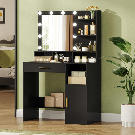 Hzuaneri Dressing Table with Mirror and 10 Led Lighting, with 3 Shelves & 4 Open Compartments, Dressing Table with Large Drawer & Cabinet, 3 Adjustable Luminosity, BlackVT08106X