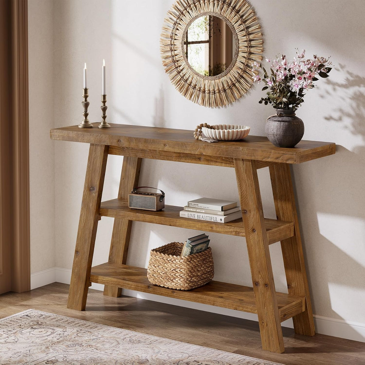 Solid Wood Console Table, 120 cm Long Country Entrance Table with 3-Stage Shelves, Rectangular Sofa Tables Behind Sofa, Narrow Accent Tables for Hallway, Entrance, Foyer, Living Room (Brown)