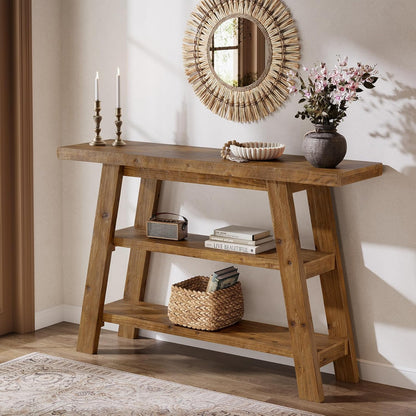 Solid Wood Console Table, 120 cm Long Country Entrance Table with 3-Stage Shelves, Rectangular Sofa Tables Behind Sofa, Narrow Accent Tables for Hallway, Entrance, Foyer, Living Room (Brown)