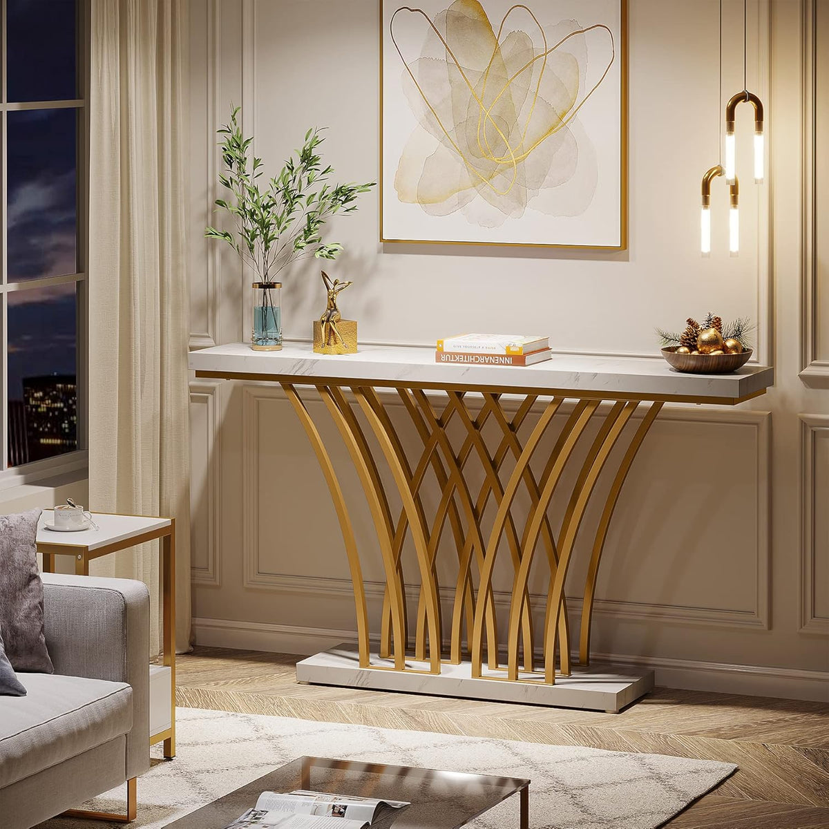 Tribesigns Gold Console Table, 150 x 29.5 x 80 cm Modern Entrance Table with Grid Metal Base for Entrance, Hallway, Front Room, Living Room (White and Gold)