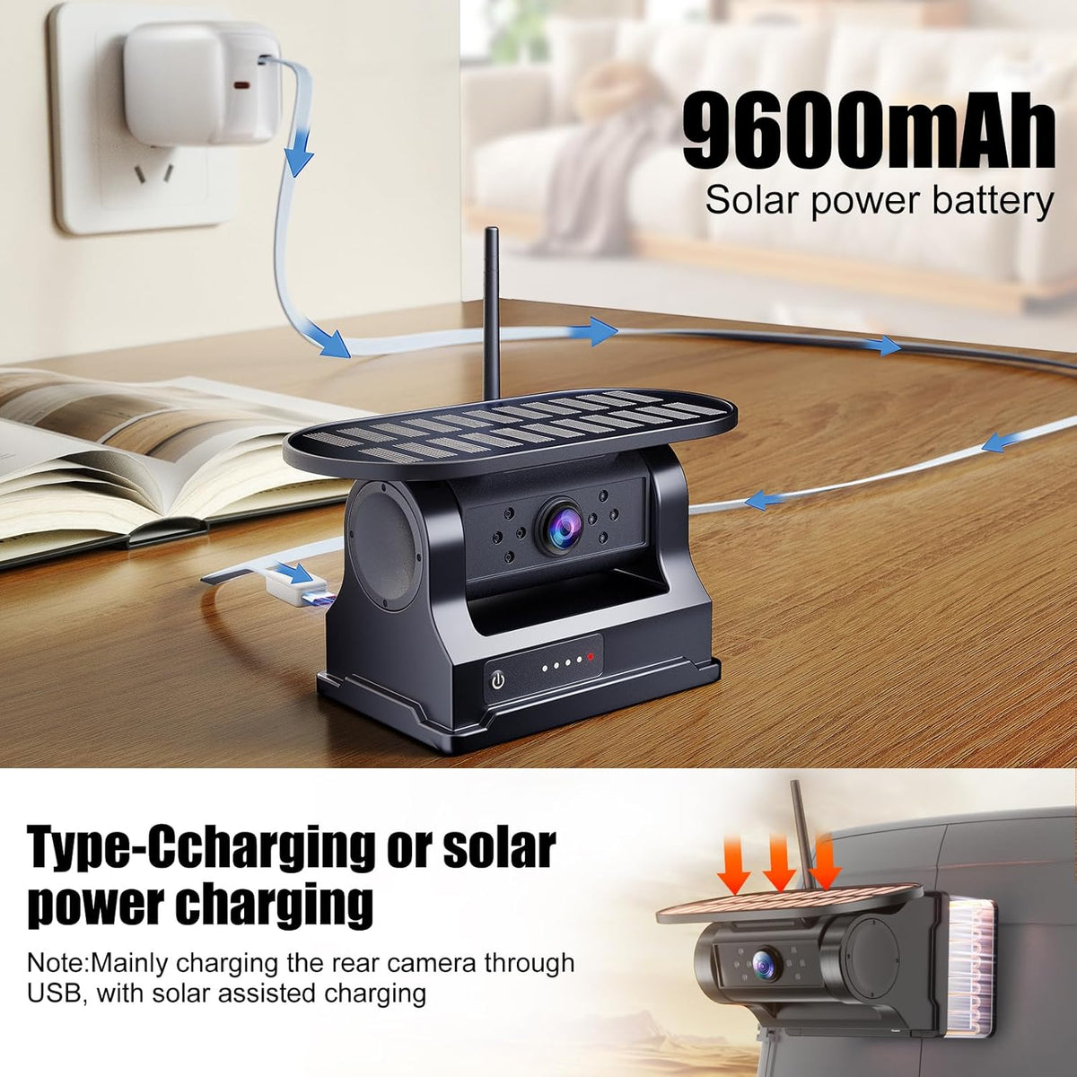 Draadloze achteruitrijcamera, 9600 mAh, magnetische achteruitrijcamera, draadloos, 5 inch draadloze achteruitrijcameraset, IP67 waterdicht, 1080p HD nachtzicht, voor caravan, vrachtwagen, auto, camper