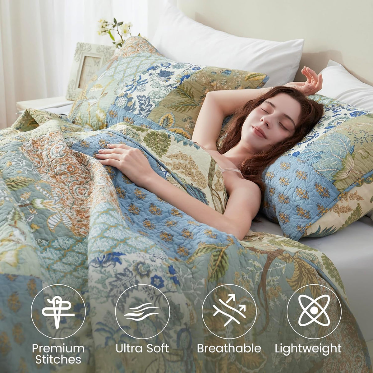 NEWLAKE Bedsprei Quilt Set met Echt gestikt Borduurwerk, Boheemse Bloemen Patroon, King Size