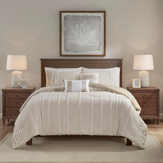 Harbor House 100% Cotton Duvet Set - Trendy Tufted Textured Design, All Season Cozy Bedding Modern Comforter Cover, Matching Shams, Anslee Pom Pom Taupe Queen(90"x90") 3 Piece
