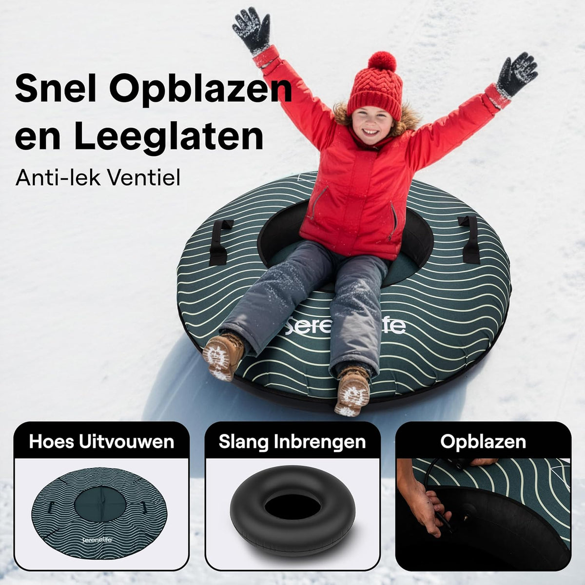 SereneLife Sneeuwband – Opblaasbare Snow Tube voor Skiën & Rodelen, 102/100/122 cm, Harde Kunststof Bodem, Rubber Binnenband, Oxford Cover, Sleepkoord, Ideaal voor Wintersport - QUORE