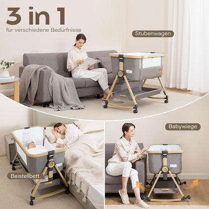 Maydolly Baby Cot,Baby Co-sleeper, 3 in 1 Cots, Bedroom Crib,Cot,High Quality Mattress ech Height Adjustment and Incline Adjustment, 4 Casters with Brake(Grey) - QUORE