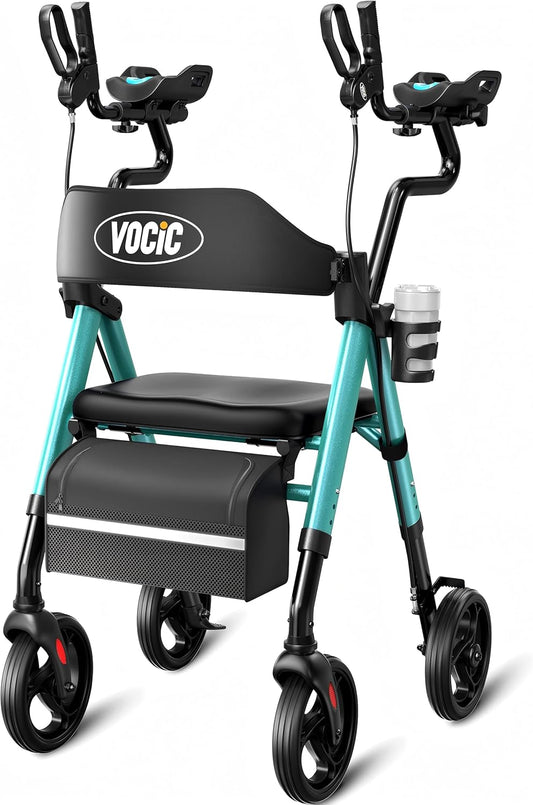 VOCIC Z22 GelCool Rollator Opvouwbaar en licht met zitting, met onderarmsteunen en verstelbare armleuningen, rollatoren voor senioren met comfortabele pasvorm, tot 136 kg, beker- en stokhouder