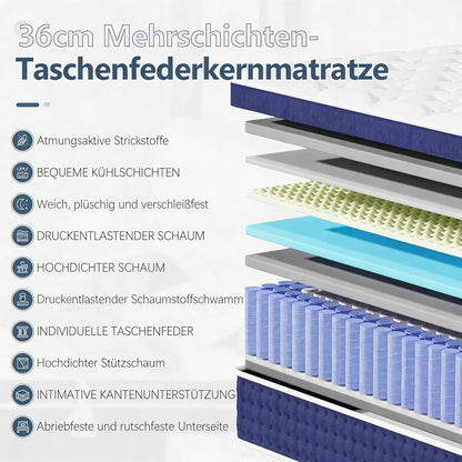 Matras, 120 x 200 cm, 36 cm, H3, hoogte 7 zones, orthopedische pocketveringmatras met Comfort traagschuimlaag, Öko-Tex gecertificeerd, 101 nachten proefslapen