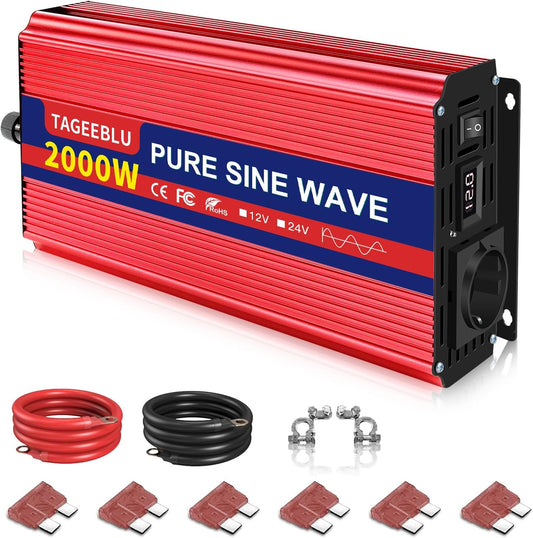 2000W Pure Sine Wave Inverter, 12V to 230V Car Power Inverter with EU Socket & LED Display - QUORE