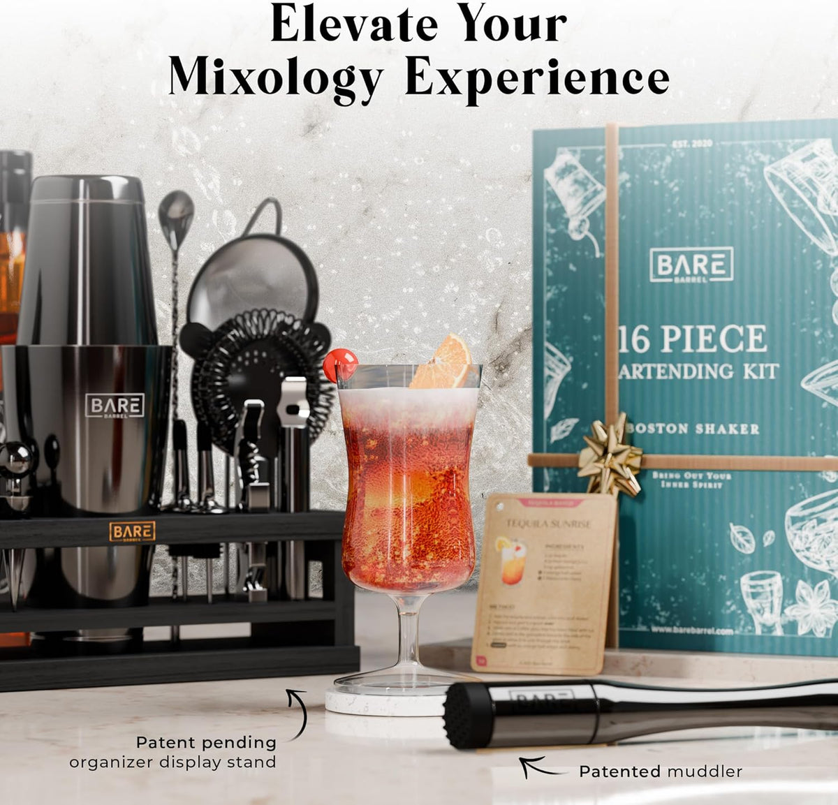 Cocktailset Zwart – Bartenderset – Cocktailshakerset – Barset – Cocktailcadeauset – 16-Delig Met Bamboe Standaard – 35 Receptkaarten