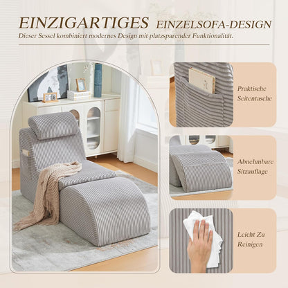 Relaxstoel – Vrijetijdsstoel – Fauteuil – Loungestoel – Leesstoel – Ergonomisch Gecomprimeerd Schuim – Afneembaar Kussen Met Zijvak – Corduroy Lichtgrijs 160x66x90 cm