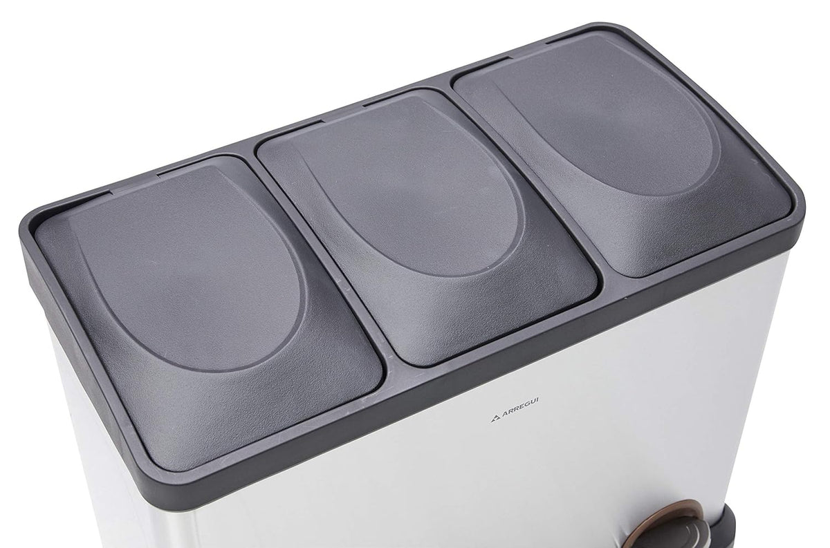 ARREGUI Step Bin CR705-45L Stalen Afval- en Recyclingbak met Pedaal | 3x15L (45L) | Keukenafvalbakken | Recycleeremmer voor Huis en Kantoor