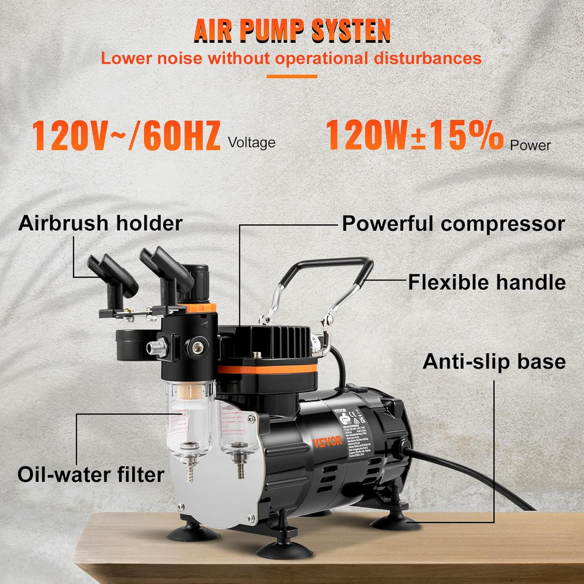 VEVOR Professionele airbrush-compressor, complete airbrush-set, dubbel, airbrush-pistool, 0,2/0,3/0,8 mm, hoge doorstroming, koffer, decoratie, gebak, tattoo, nagels, make-up, schilderen