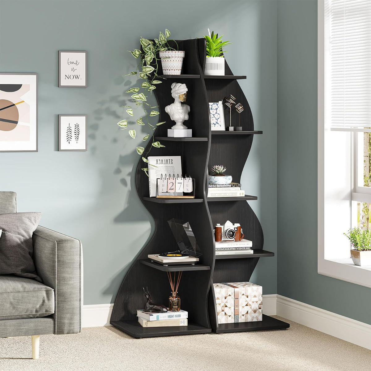 Tribesigns Corner Shelf, 178 cm High, Storage Shelf, Bookcase, Plant Stand, Organizer, 5 Levels, Modern, for Home, Office, Living Room, Bedroom, Balcony, Black, 1 Piece
