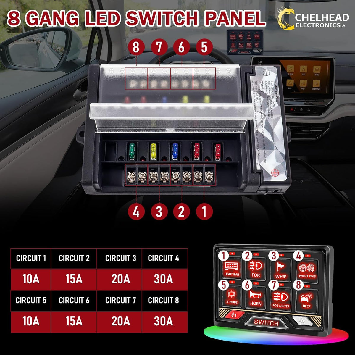 Chelhead Paneel Schakelaar: 12v/24v 8 controle Tuimelschakelaar RGB Universele Controle Relaissysteem met Aux-circuit voor Offroad Voertuig Auto Truck Boot