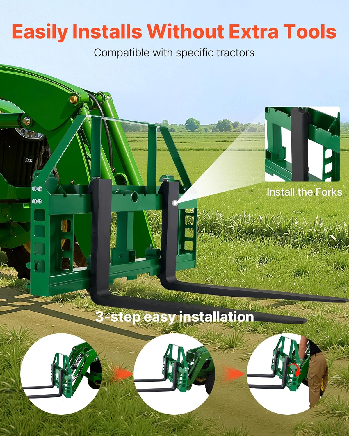 VEVOR Quick attachment, 1810 kg load capacity, pallet fork frame attachment with 122 cm forks, forklift knives, 50.8 mm hitch and spearhead sleeves, suitable for JD tractors