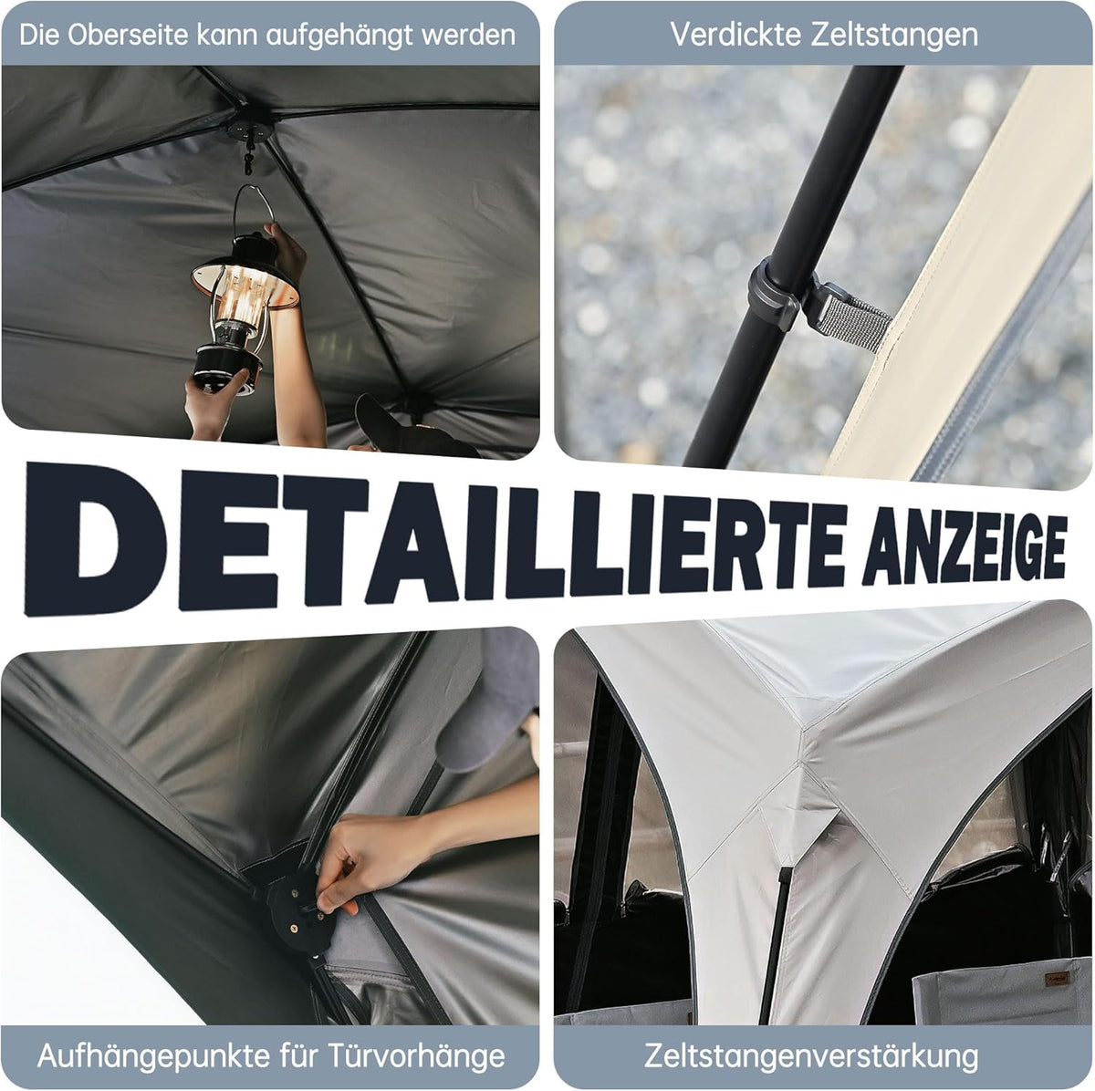 Campingpaviljoen, 3 x 3 m, koepeltent met 4 of 2 x 2-in-1 zijpanelen, waterdicht, zonwering en muggennet met titanium blackout coating, camping, strand en tuintent, pop-up tent, opbouw