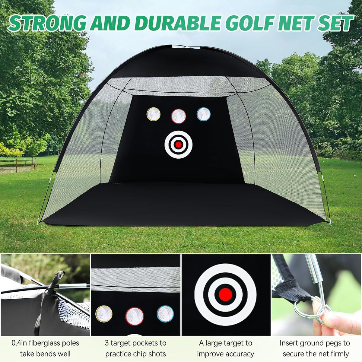 10 × 7 FT Golf Oefennet - Golfslagnet met Swing Trainer Praktijkmat Draagtas 6 oefenballen voor binnen buiten rijden en chippen praktijk duurzaam net voor chippen volledige swing training