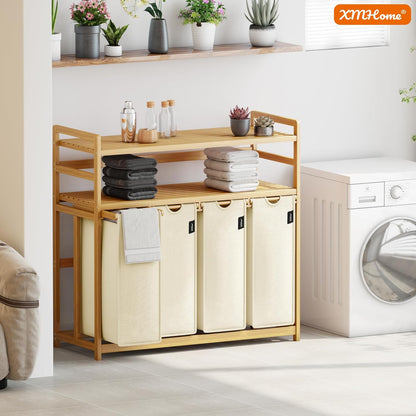 198 liter wasverzamelaar, 4 vakken, wasmand met dubbele plank, bamboe wasbox met uitneembare waszakken, ruimtebesparend voor badkamer, slaapkamer, waskeuken, beige