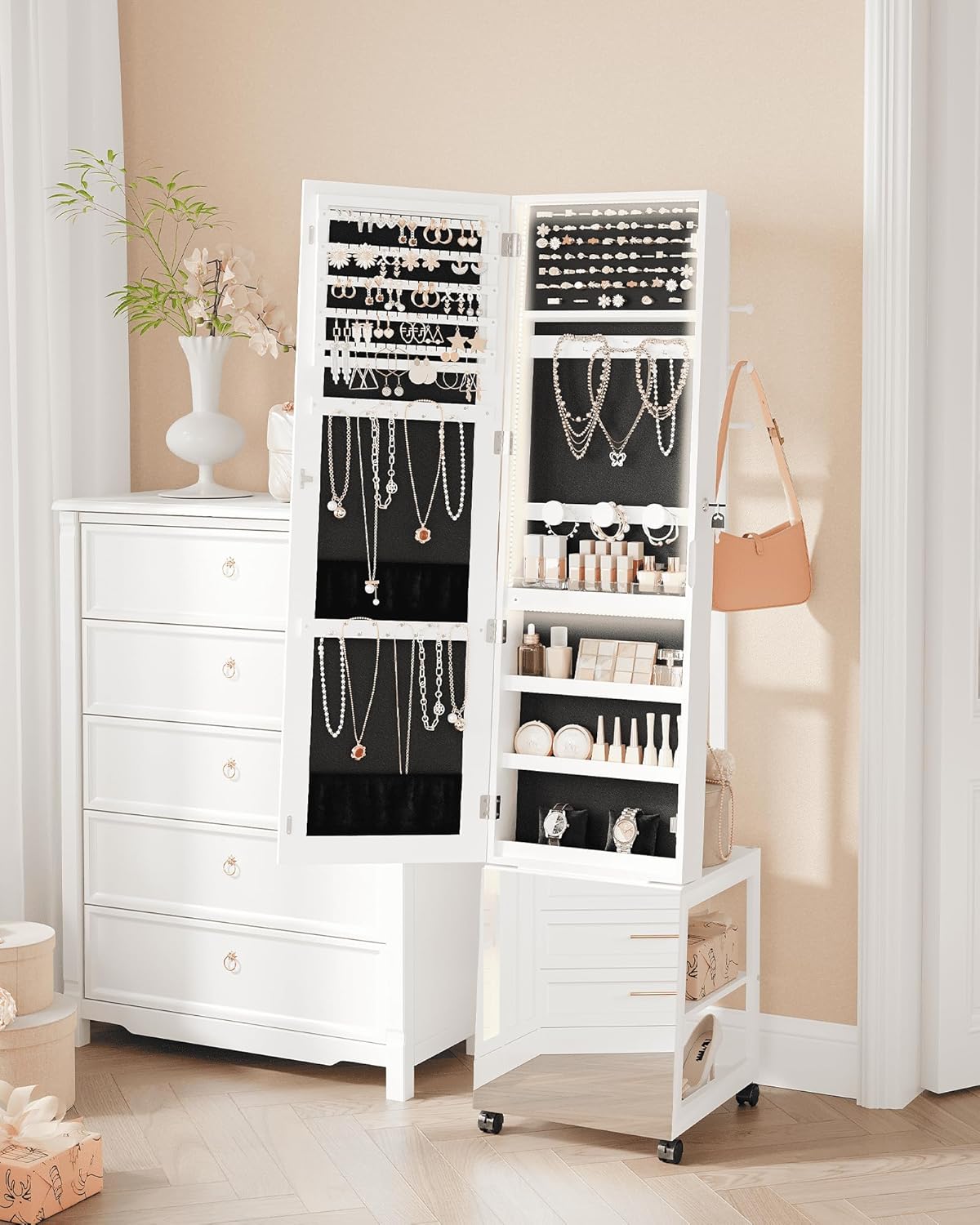 Hzuaneri Jewellery Cabinet with Light Frame, Mirror, Standing Jewellery Cabinet with Clothes Stand, Movable Full Body Mirror with Wheels, Lockable Storage Compartments with Hooks, White JC17103B