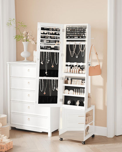 Hzuaneri Jewellery Cabinet with Light Frame, Mirror, Standing Jewellery Cabinet with Clothes Stand, Movable Full Body Mirror with Wheels, Lockable Storage Compartments with Hooks, White JC17103B