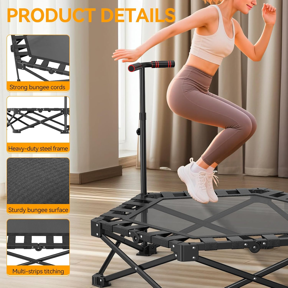 Opvouwbare trampoline voor volwassenen - 42" rebounder met verstelbare schuimrubberen handgreep voor binnen en buiten, fitness, lichaamsoefening