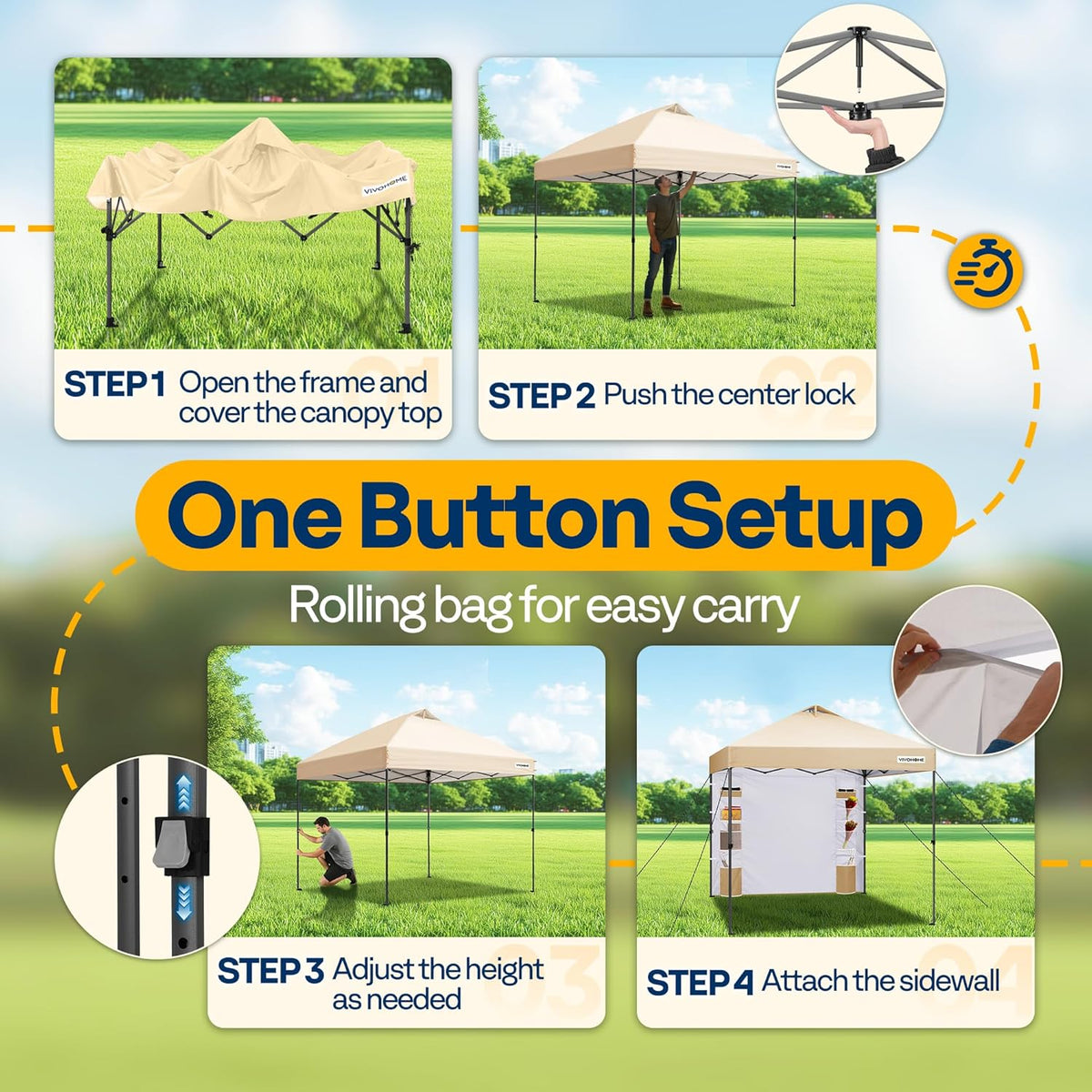 VIVOHOME 3x3m Luifeltent met Zijwand en 6 Zakken met één Druk op de Knop op te Zetten Draagbare Buitentent voor Zwaar Gebruik met Draagtas op Wielen en 4 Zandzakken