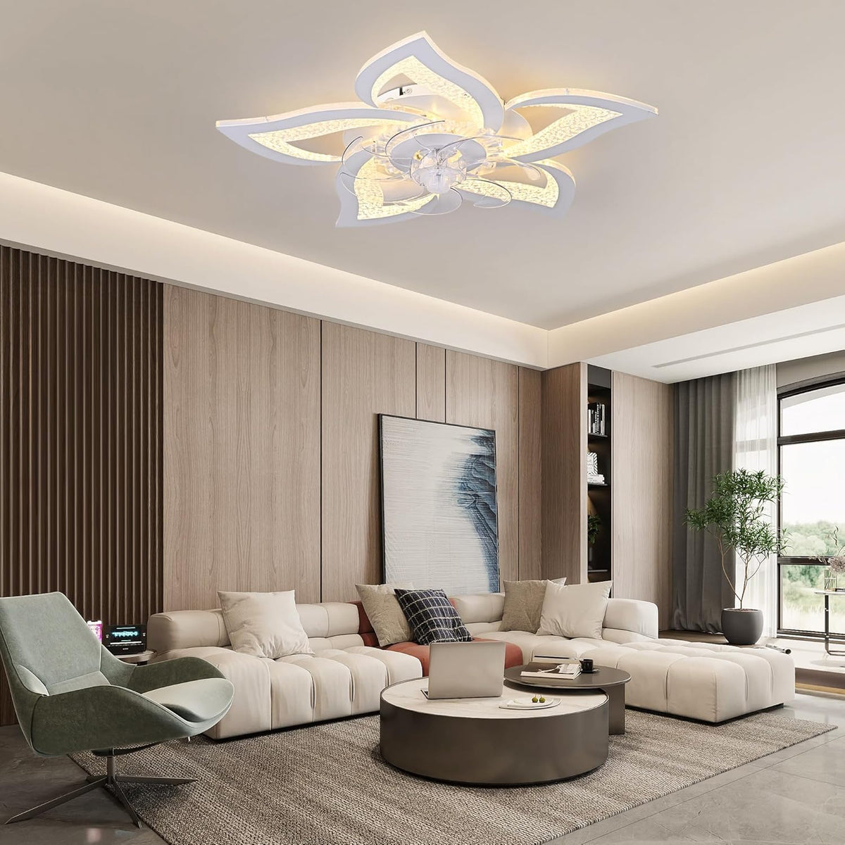 Oninio Plafondventilator met Licht Dimbare LED Plafondlamp met Afstandsbediening, 6-Snelheden Timer, Moderne Bloemvorm Ventilatorlamp voor Woonkamer/Slaapkamer, Ø62.5 cm