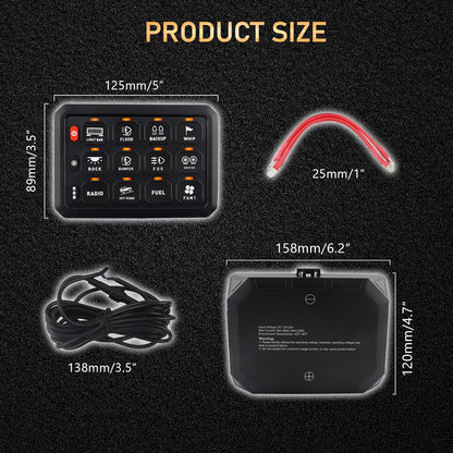 Chelhead 12v/24v 12 Gang Schakelaar Bedieningspaneel Universeel Circuit Control Relaissysteem Touch Schakelaar Doos RGB Aan-Off LED Panel IP65 Waterdicht Compatibel met Auto Truck RV ATV UTV SUV