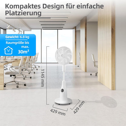 BE COOL BCPSN2L01 Premium staande sproeiventilator met afstandsbediening, 80 W, waterreservoir van 2 liter, 1500 m³/u, oscillatie en timer, stille werking met sfeerverlichting, wit