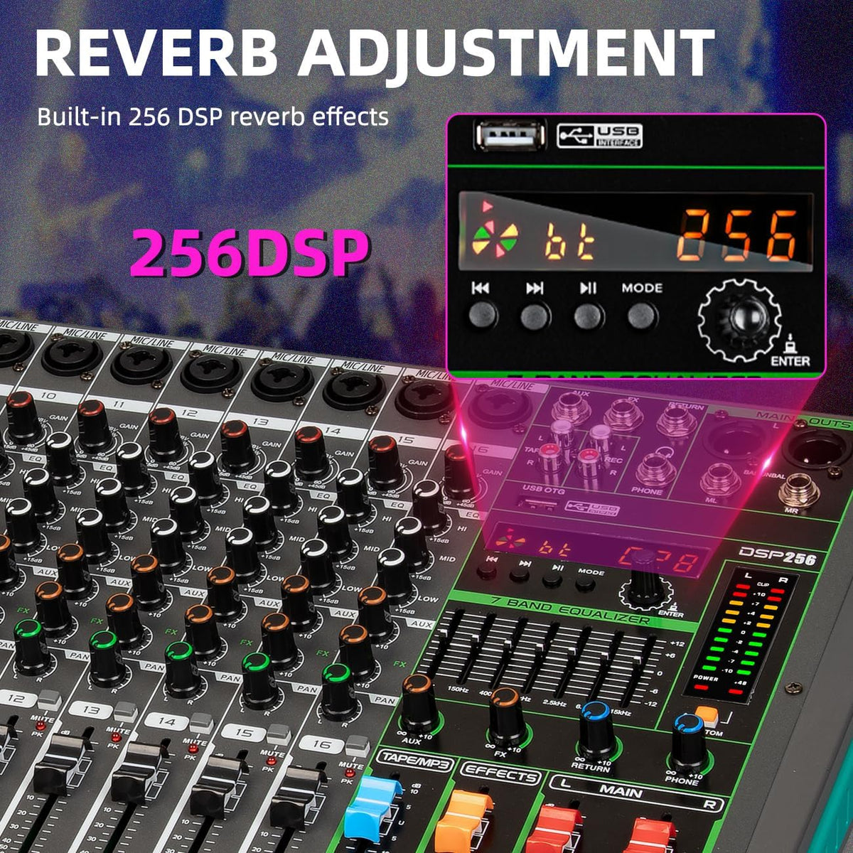 Depusheng PA16 Professionele Audio Mixer Soundboard Console Interface 16 Kanaals Digitale USB Bluetooth MP3 Computer Input 48V Fantoomvoeding Ingebouwde 99 Reverb Effect