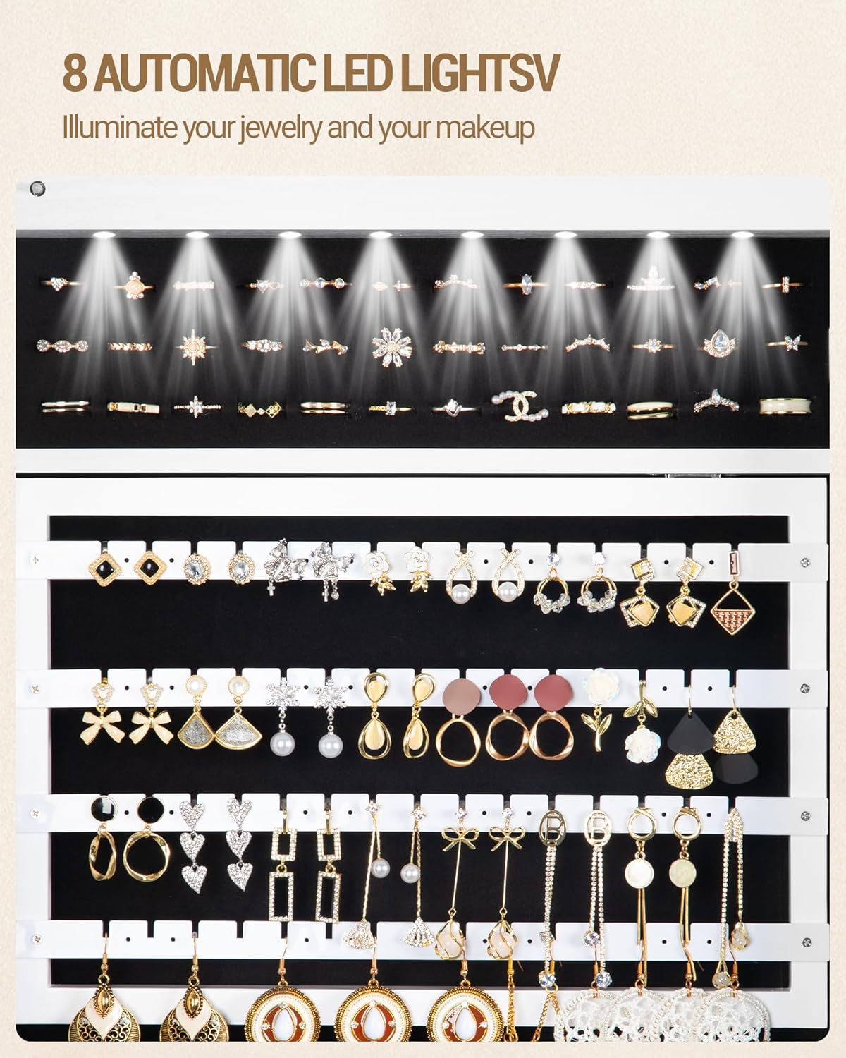 Hzuaneri Jewelry and Wardrobe with 8 LEDs, 165cm Jewelry Storage System with 1 Clothes Rack, Lockable Full Length Mirror with 4 Wheels, Storage Shelves with Hooks, White and Black JC17003B