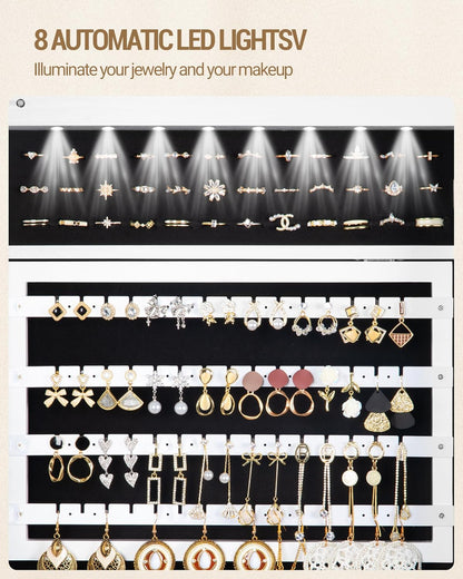 Hzuaneri Jewelry and Wardrobe with 8 LEDs, 165cm Jewelry Storage System with 1 Clothes Rack, Lockable Full Length Mirror with 4 Wheels, Storage Shelves with Hooks, White and Black JC17003B