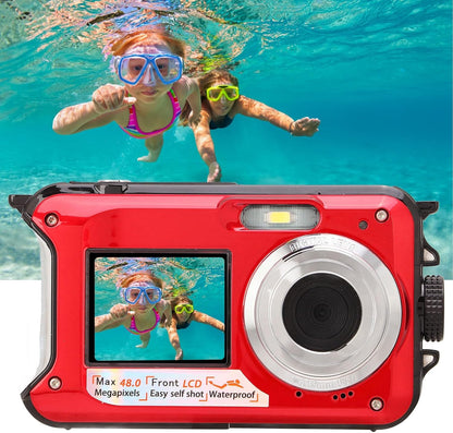 Onderwatercamera, 2,7 K 48MP 10ft Waterdichte Digitale Camera, 16X Digitale Zoom, Dubbele Scherm Selfie Onderwatercamera voor Snorkelen (rood)