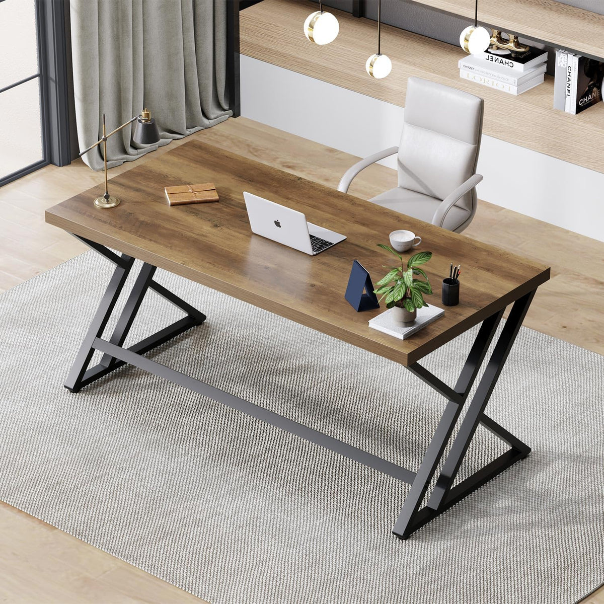 LVB Houten computerbureau, rustiek thuiskantoor executive bureau voor slaapkamer, industriële houten computer schrijven studiewerk gamingtafel, moderne metalen pc student eenvoudig bureau met opslag,